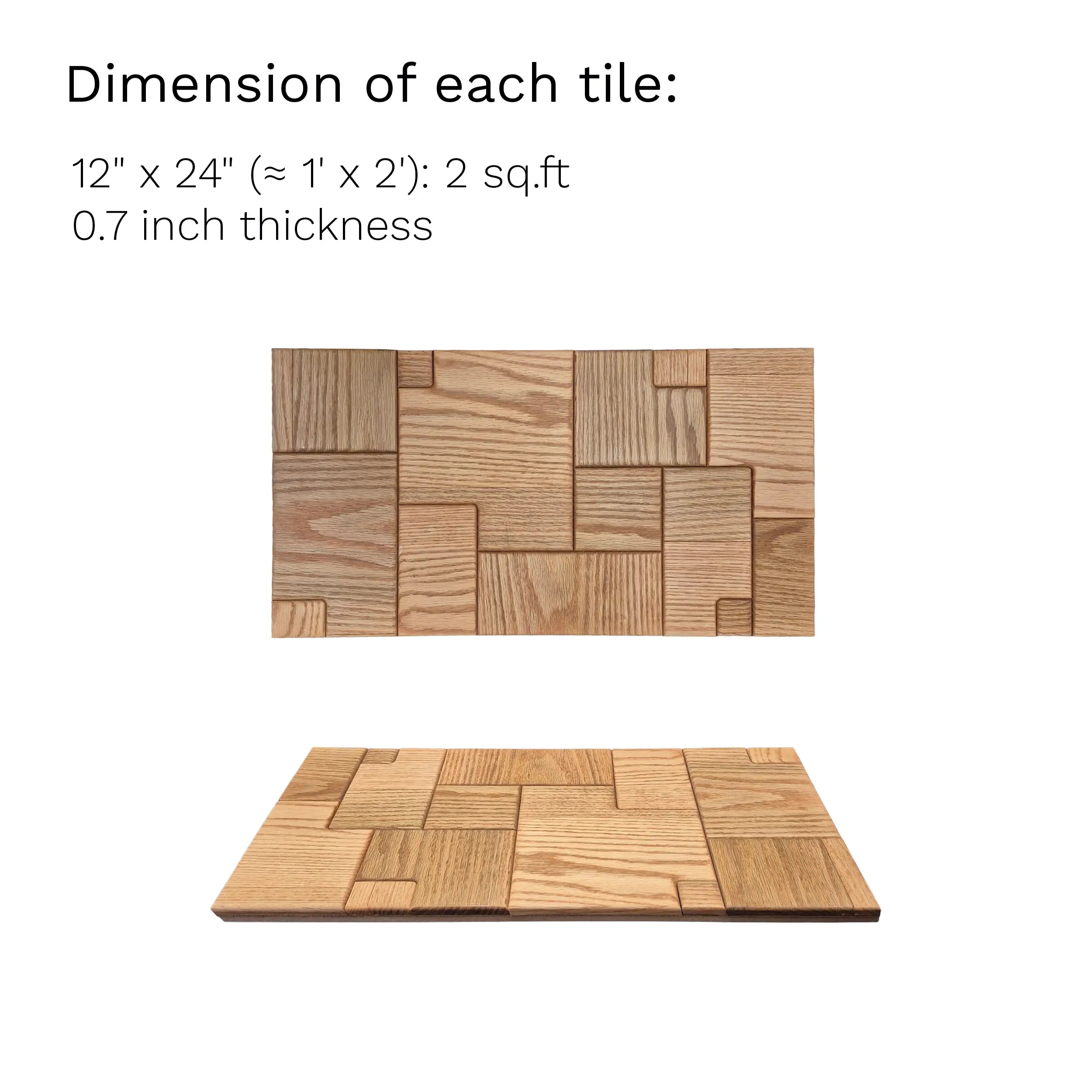 Wooden tiles with dimensions and thickness information on a white background